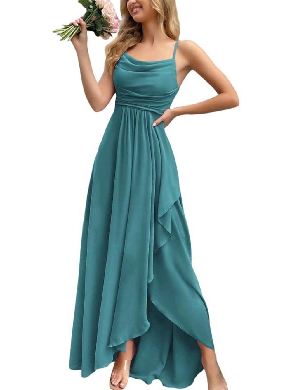 Women's Malachite Green Cowl Neck Spaghetti Strap Cocktail Bodycon Maxi Dress